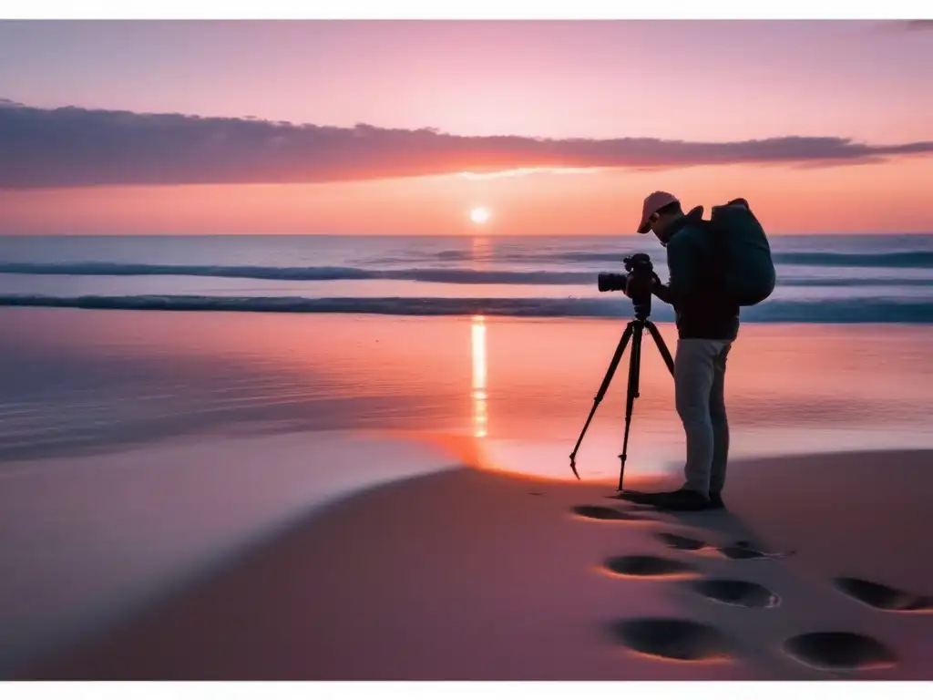 Un fotógrafo capturando la belleza del amanecer en la playa