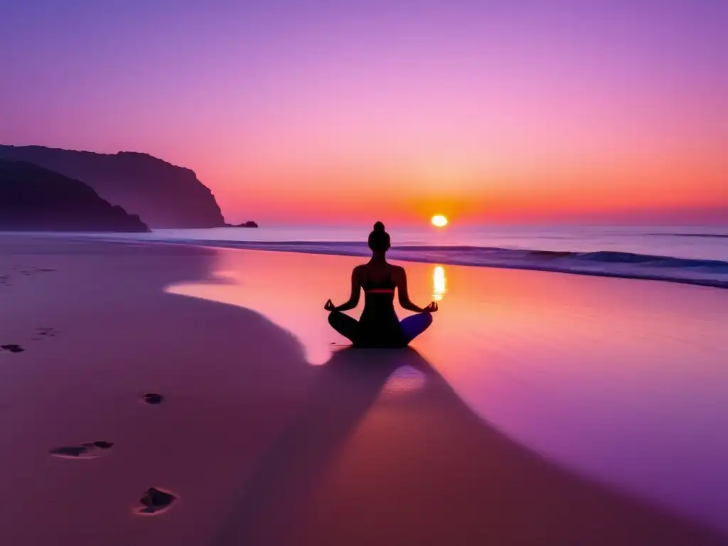 Beneficios del yoga al amanecer en la naturaleza: imagen serena de playa al amanecer con práctica de yoga y conexión con la naturaleza