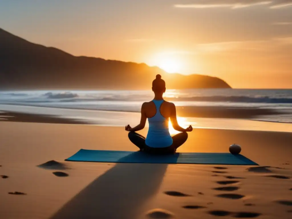 Beneficios del yoga en la playa: Una imagen detallada en 8k muestra una escena serena de una playa al amanecer