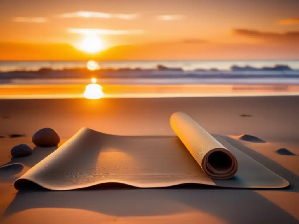 Imagen: Playa serena al atardecer, yoga al aire libre y beneficios del yoga