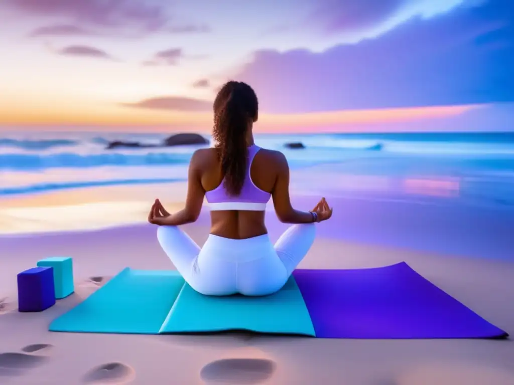 Consejos de yoga en la playa: mujer en pose, playa serena al atardecer, colores dorados y vibrantes