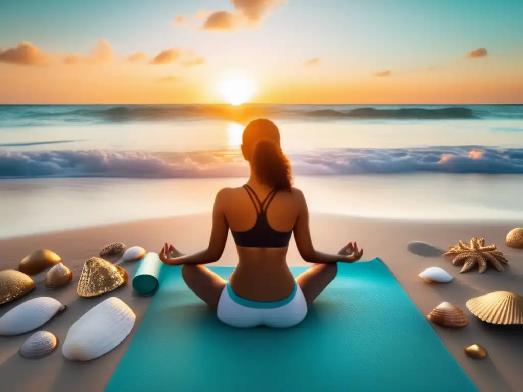 Consejos de yoga en la playa: Serenidad al atardecer, aguas turquesas tranquilas, arena blanca