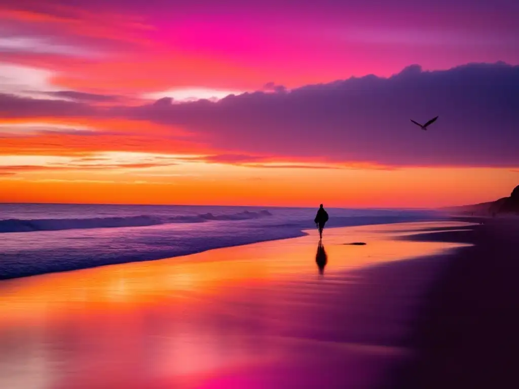 Beneficios de meditación en la playa: atardecer sereno, figura solitaria, mar tranquilo, gaviotas, paz y misterio