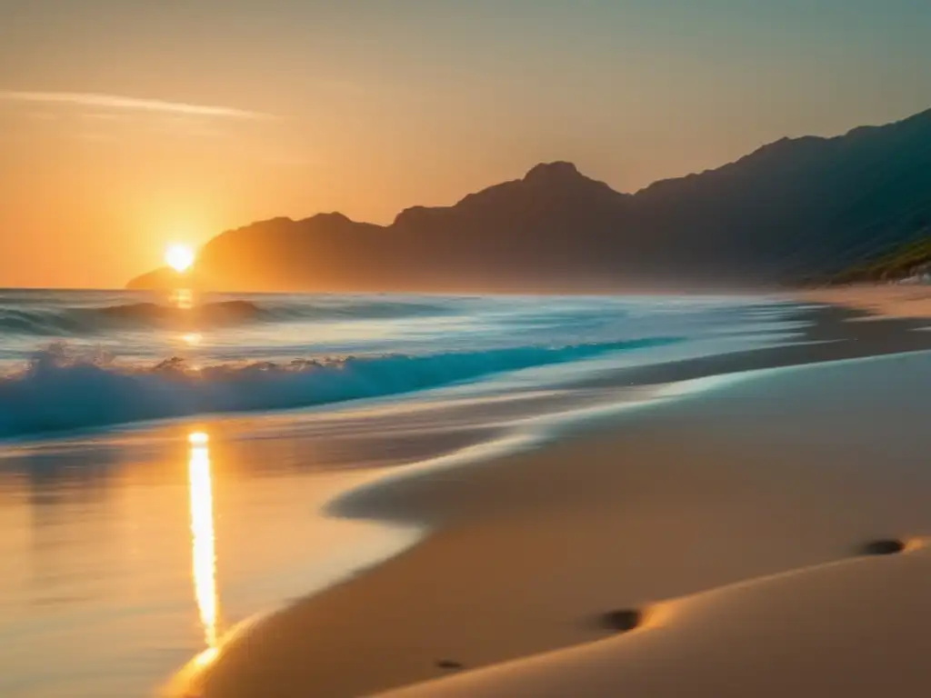 Beneficios yoga playa: Imagen impresionante 8k muestra belleza serena de una playa aislada al amanecer