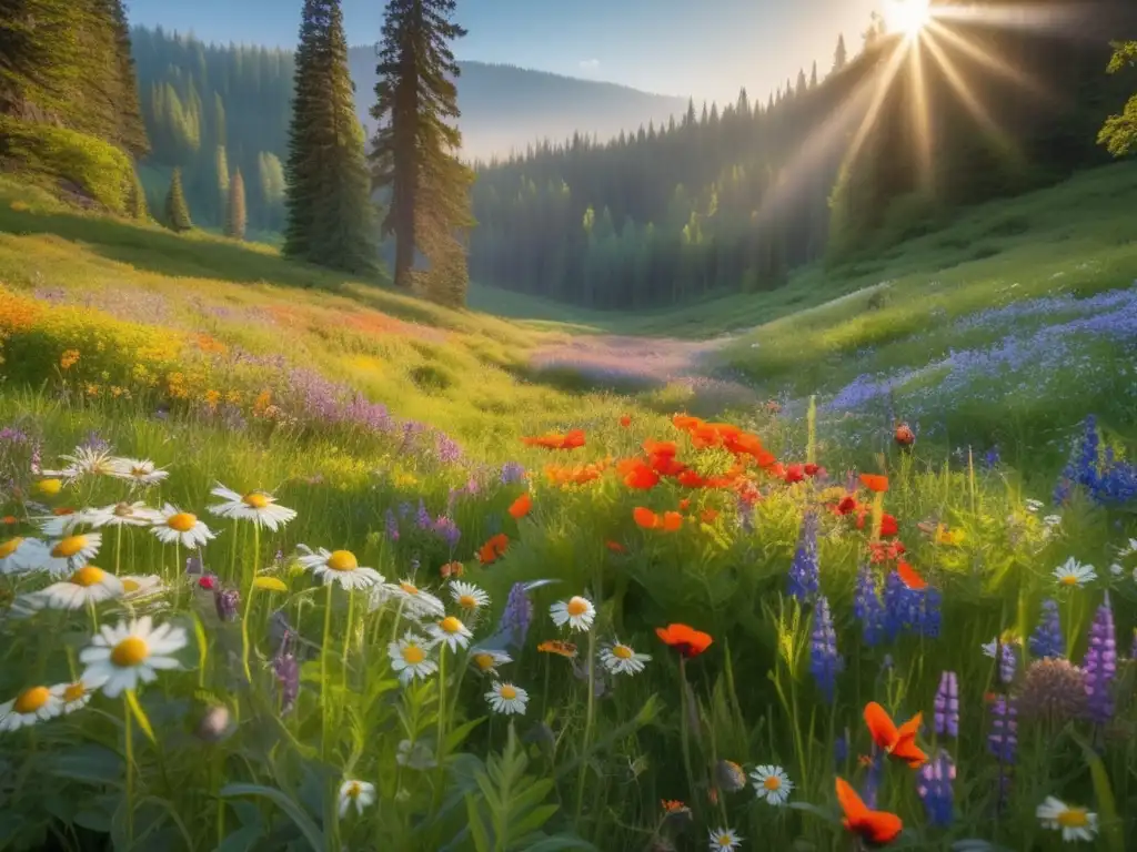 Flores silvestres en zonas de acampada en un prado exuberante rodeado de bosque, con montañas misteriosas al fondo