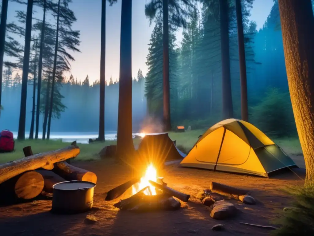 Precauciones al acampar en áreas con fauna salvaje: bosque misterioso, campamento sereno, ojos brillantes, respeto a la naturaleza