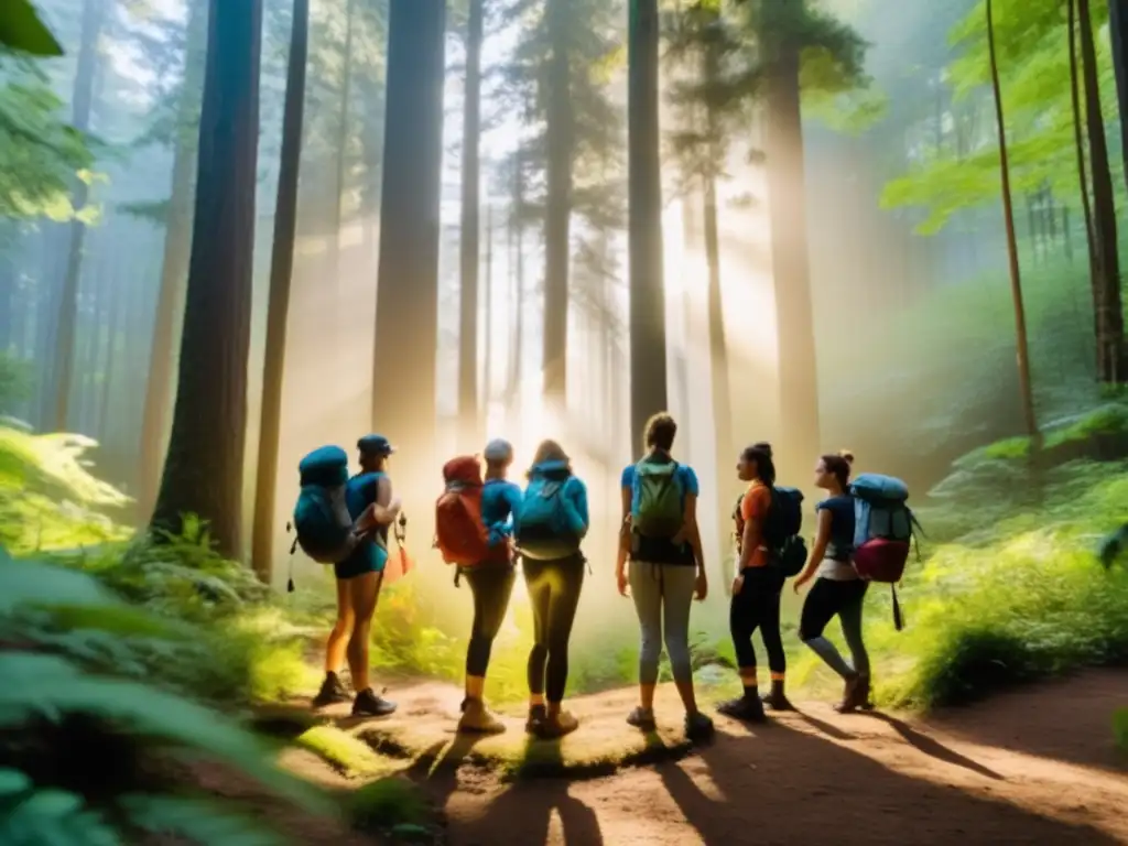 Preparación física para acampar en un bosque exuberante, hikers en estiramientos y enfoque