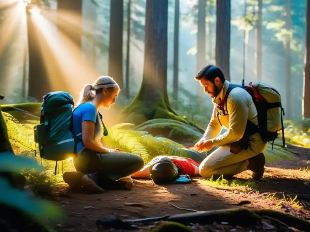 Primeros auxilios en la naturaleza: Hiker brinda ayuda experta a compañero lesionado en un hermoso entorno forestal