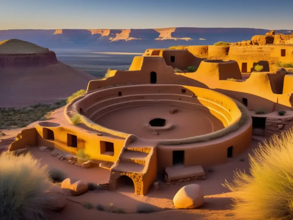 Senderismo en lugares sagrados indios Pueblo, imagen de un sitio sagrado sereno bañado por la luz dorada del atardecer