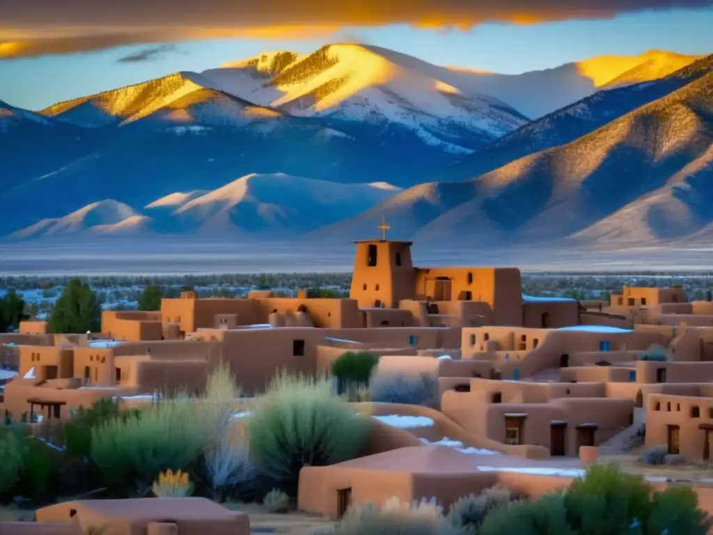 Senderismo en lugares sagrados indios Pueblo, majestuosa vista al amanecer de Taos Pueblo con montañas nevadas y arquitectura ancestral