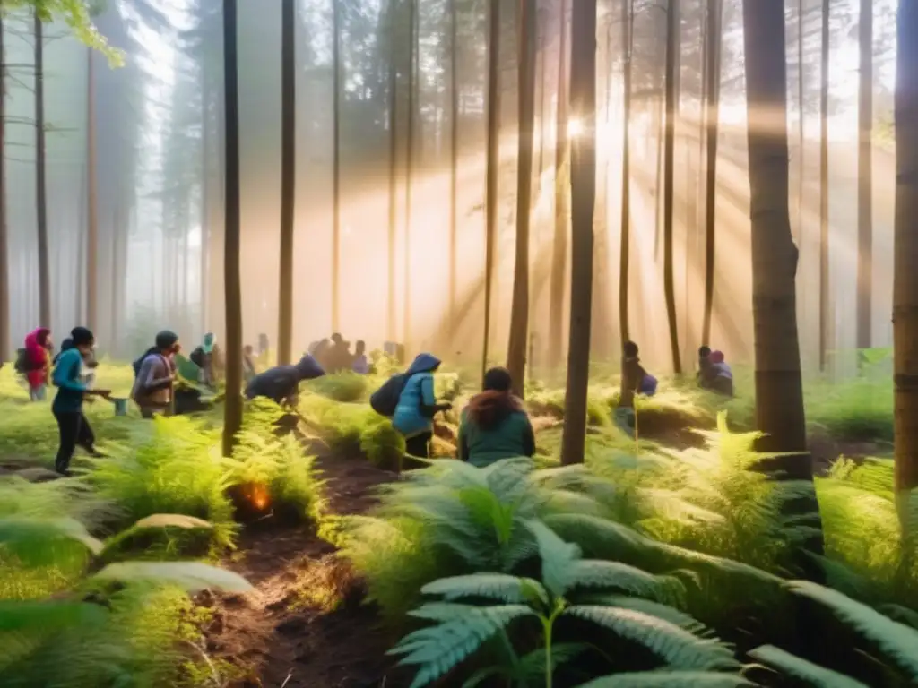 Bosque denso al atardecer, con rayos de sol filtrándose entre árboles y creando un resplandor etéreo