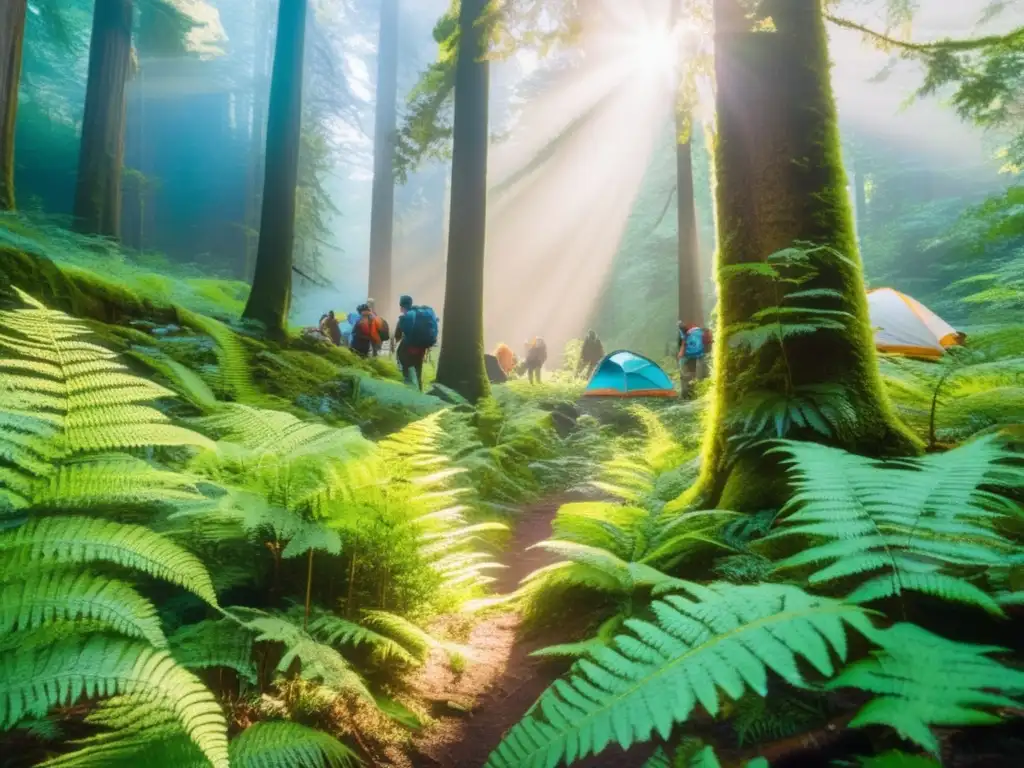 Consejos de camping sostenible en una exuberante y vibrante imagen de un bosque, con árboles altos y luz filtrada a través del dosel