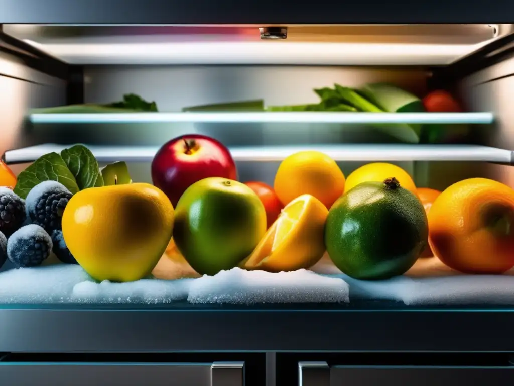 Almacenamiento de alimentos en climas fríos: Consejos esenciales - Refrigerador con frutas y verduras frescas cubiertas de escarcha