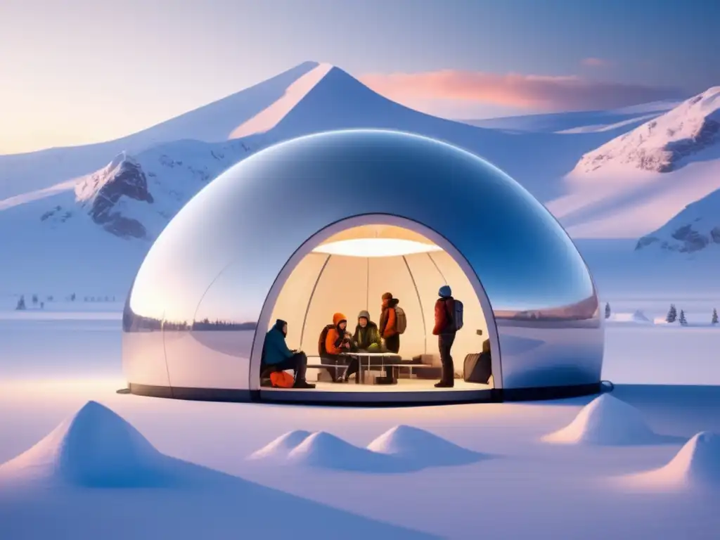 Refugio emergencia camping: exploradores en paisaje nevado, diseño moderno, interior cómodo y tecnología avanzada