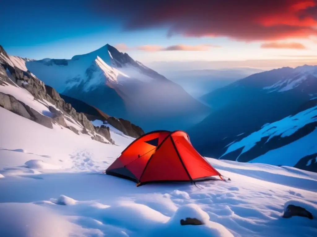 Preparación camping condiciones extremas: montaña nevada, tienda roja resistente, saco dormir frío, equipo especializado resistente