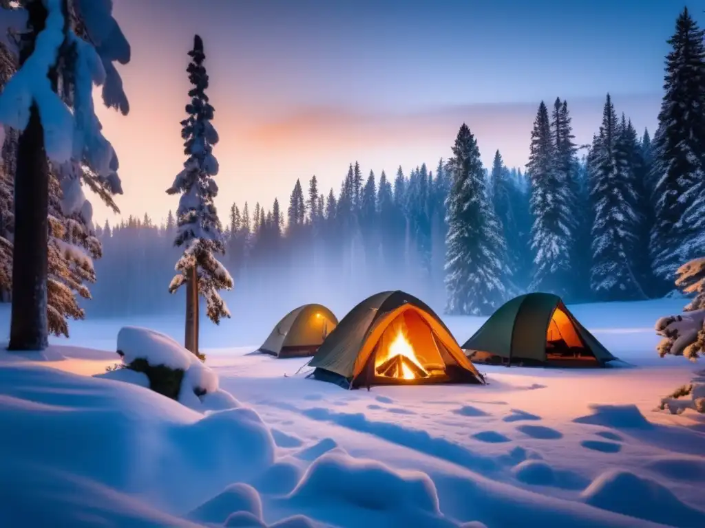 Consejos para mantenerse caliente durante el camping invernal en un hermoso campamento invernal rodeado de nieve y bosque