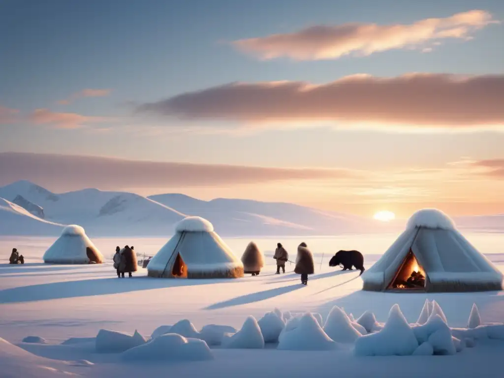 Descubriendo la vida en la tundra inuit: paisaje invernal con campamento tradicional, símbolos culturales y renos