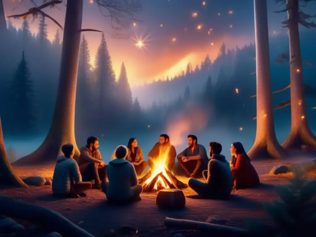 Campfire storytellers surrounded by mystical forest