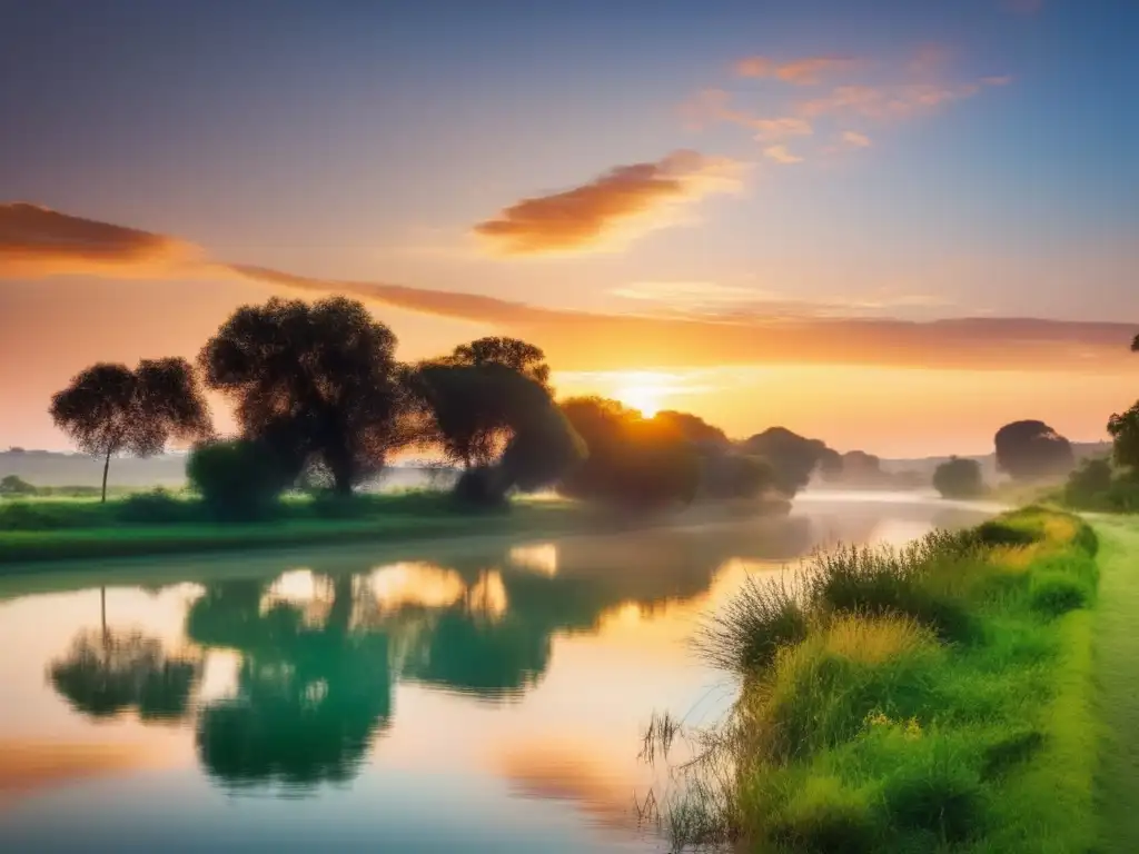 Consejos navegación en ríos y lagos: Escena serena de un río al amanecer, con barco, naturaleza y montañas misteriosas