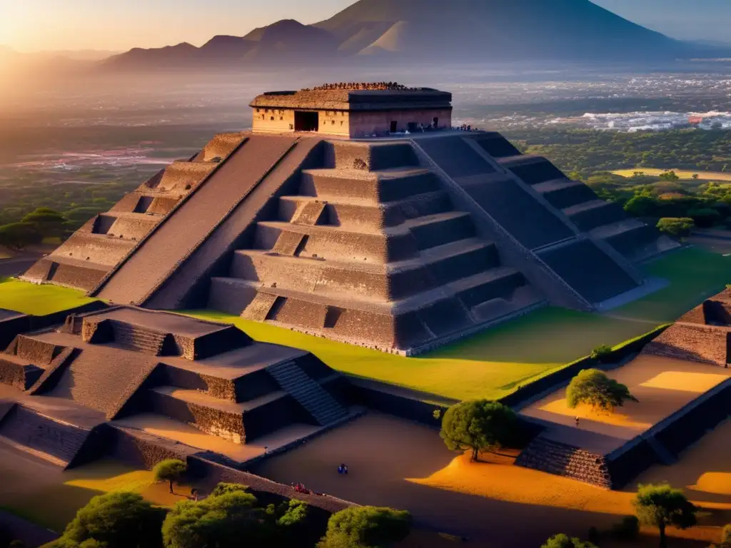 Senderismo en ruinas de Teotihuacán al atardecer, con la majestuosa Pirámide del Sol y aventureros explorando