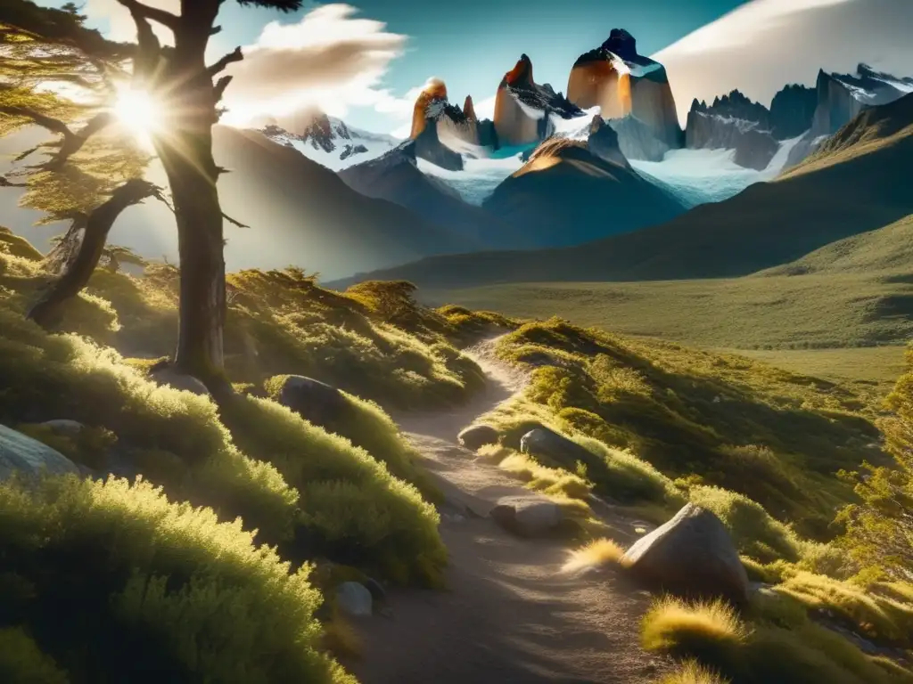 Sendero místico en Patagonia con bosques densos, árboles antiguos, luz celestial y montañas nevadas