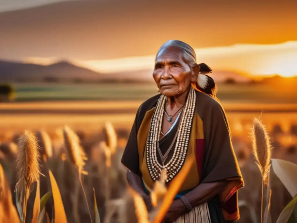 Conexión sabiduría indígena agricultura: paisaje vibrante, anciano indígena sabio en campo fértil, comunidad trabajadora, conexión espiritual naturaleza-cultura