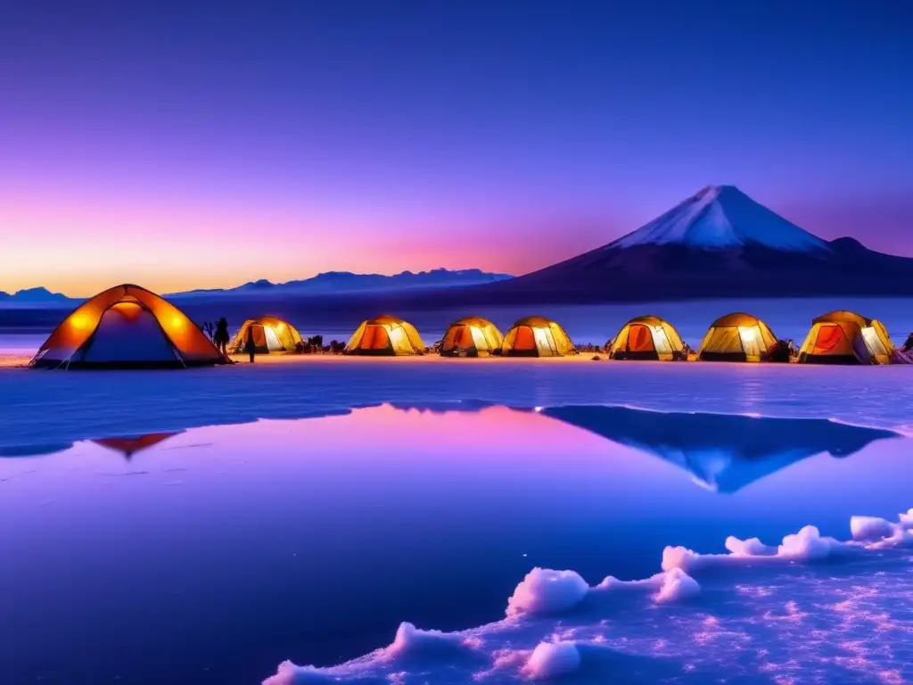 Experiencia acampada Salar Uyuni al atardecer, belleza surrealista de los salares