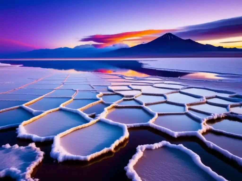 Experiencia acampada Salar Uyuni: Imagen majestuosa del Salar de Uyuni al atardecer con campamento y paisaje reflectante