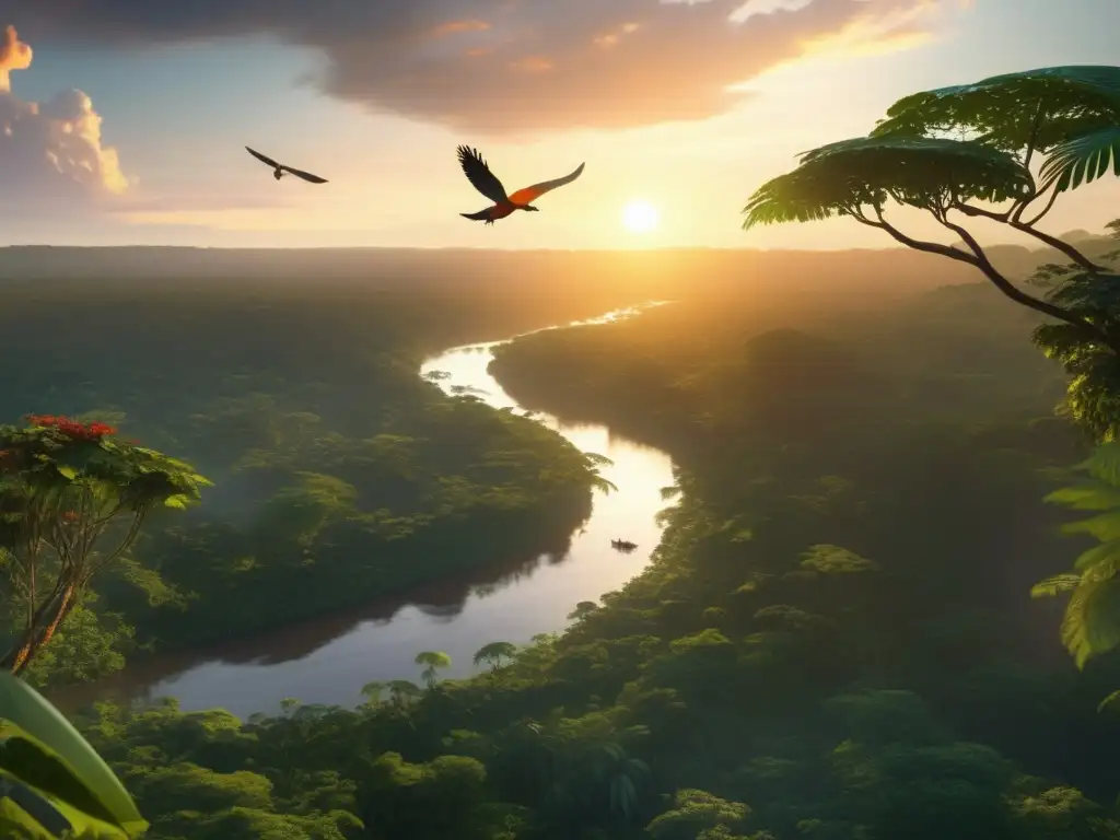 Desafío senderismo Amazonas acampada: bosque tropical exuberante al atardecer, río serpenteante, aves exóticas en vuelo, montañas misteriosas