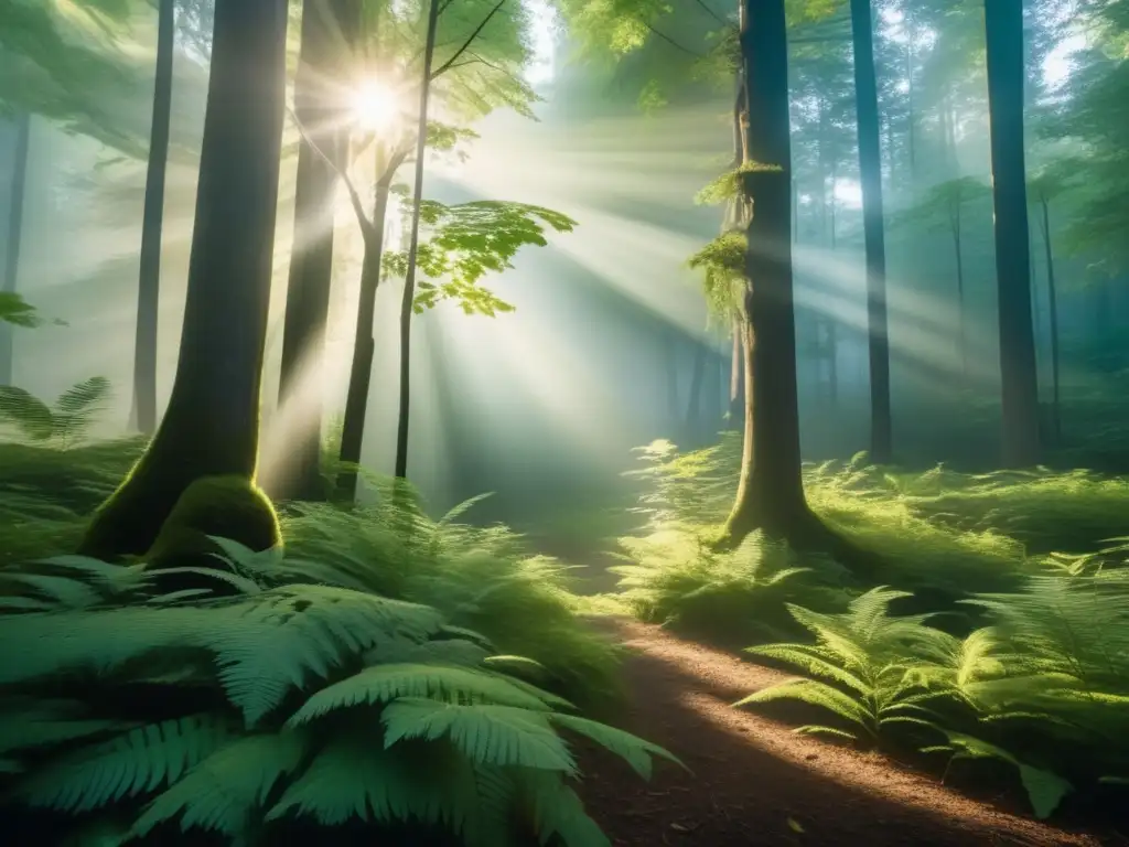 Bosque denso con luz etérea y señales naturales para orientación