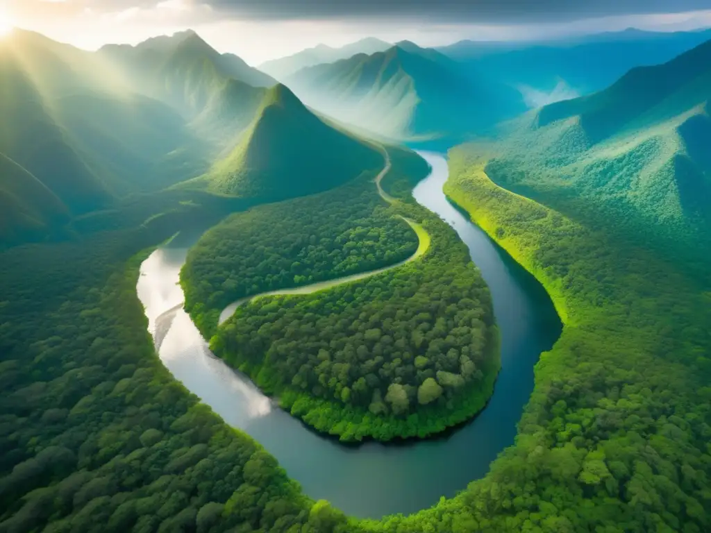 Impacto turismo biodiversidad: vista aérea impresionante de un frondoso bosque verde entre majestuosas montañas