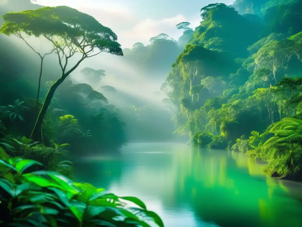 Imagen: Lush rainforest teeming with life, river reflecting vibrant foliage, evoking indigenous Earth respect legends