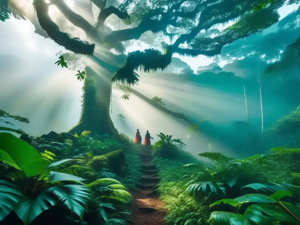 Técnicas supervivencia indígenas reveladas: Misty rainforest with ancient trees, vibrant foliage, indigenous people displaying survival skills