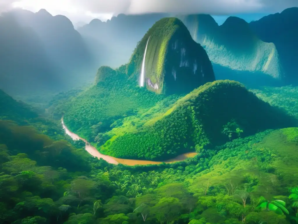 Vista aérea impresionante de una selva tropical rodeada de montañas, con rituales de lluvia de antiguas culturas