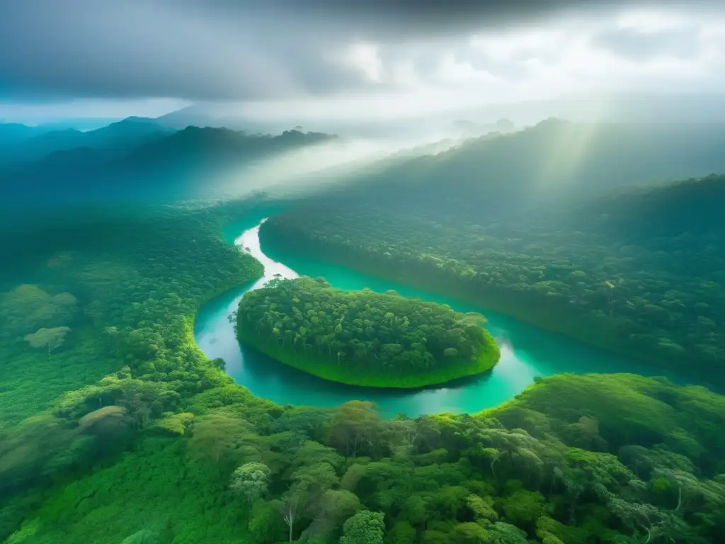 Vista aérea impresionante de selva tropical con colores vibrantes y sendero invitador