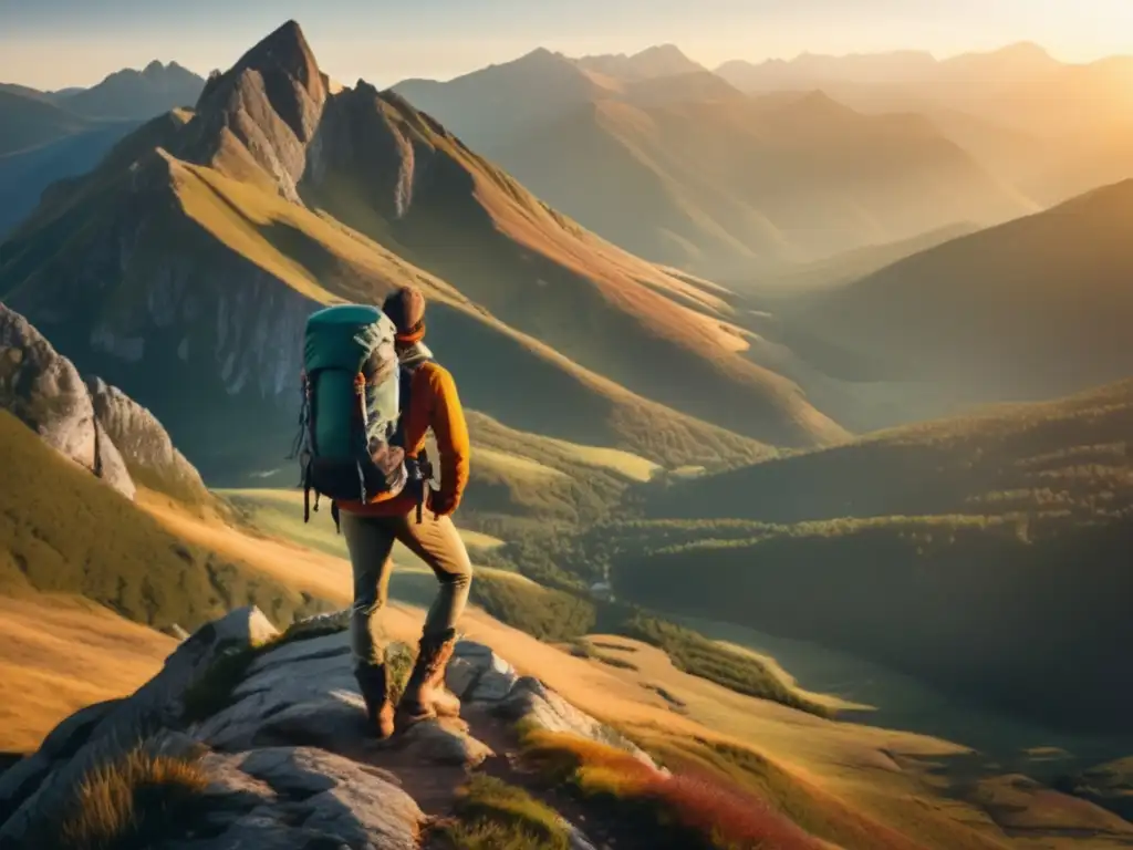 Hiker en un acantilado al amanecer, vista panorámica montañas