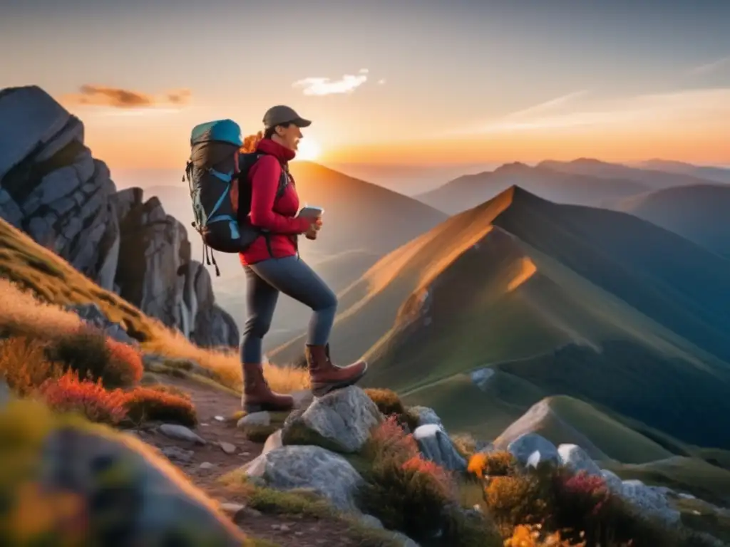 Hiker en montaña con snacks saludables para senderismo