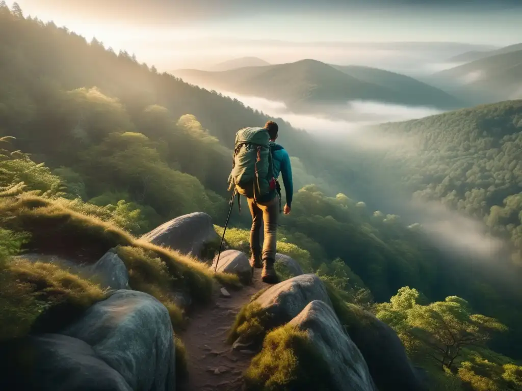 Hiker en acantilado, mirando bosque, con botas, mochila, mapa y brújula