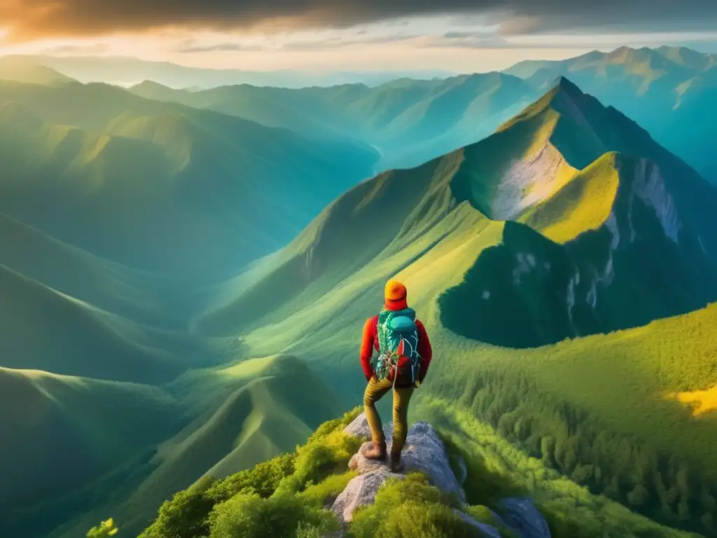 Ventajas de la ropa de senderismo: Hiker en majestuosa montaña, paisaje vibrante y cielo azul (110 caracteres)