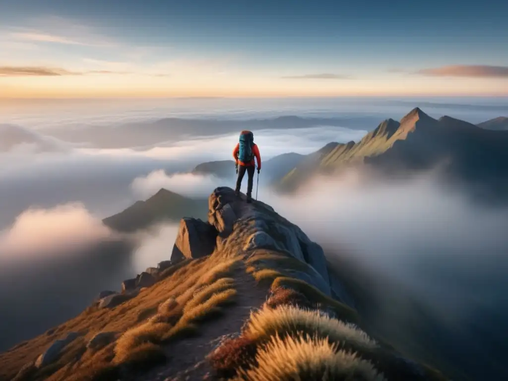 Tecnología de ropa de acampada en montaña con neblina misteriosa