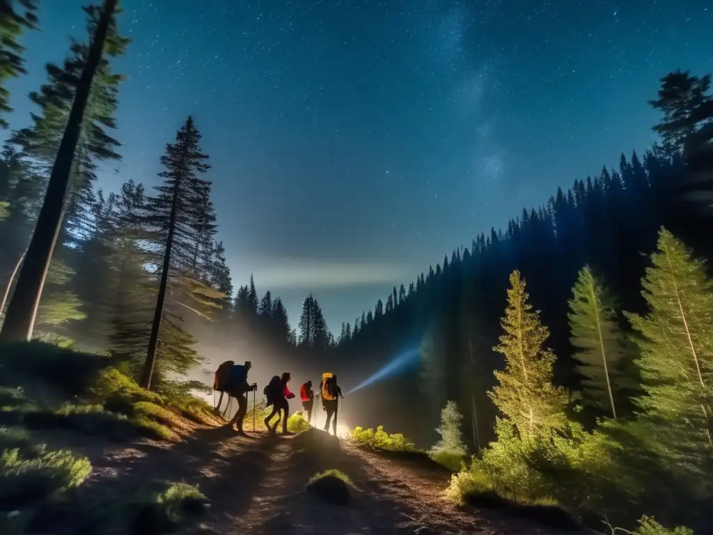 Orientación nocturna en senderismo: hikers explorando bosque oscuro, guiados por linternas, bajo cielo estrellado