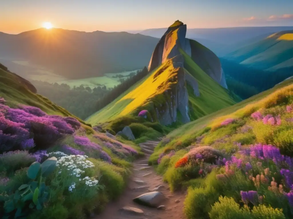 Paisaje montañoso con sendero, rocas, árboles y hiker demostrando equilibrio