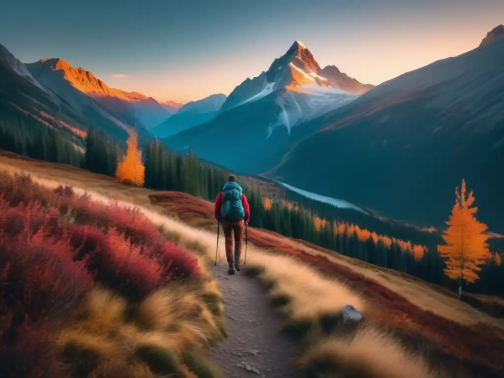 Paisaje montañoso al atardecer, senderismo con accesorios imprescindibles en mochila