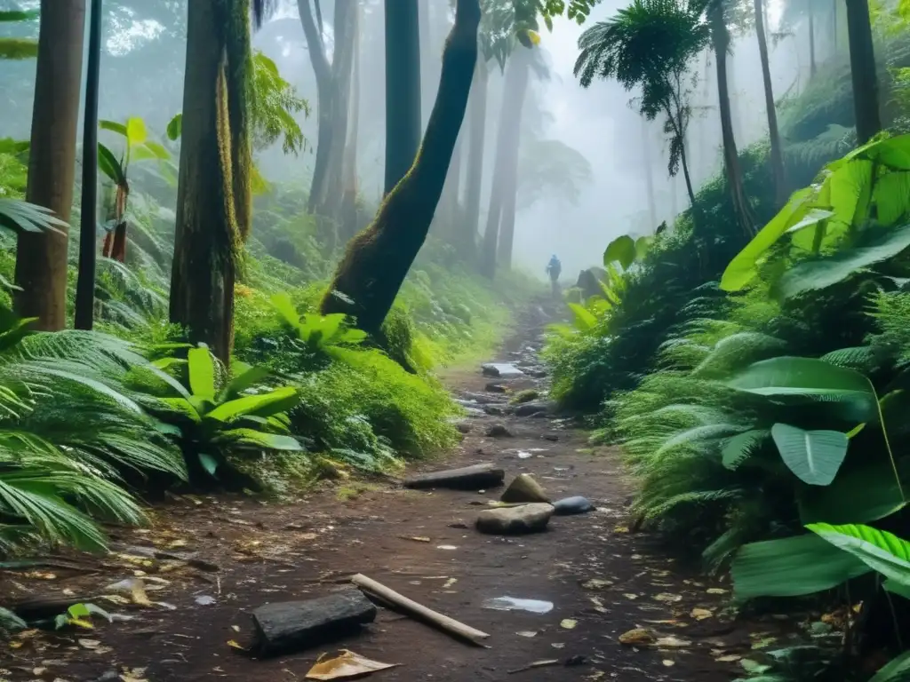 Impacto negativo del senderismo irresponsable, basura y belleza en sendero rodeado de naturaleza