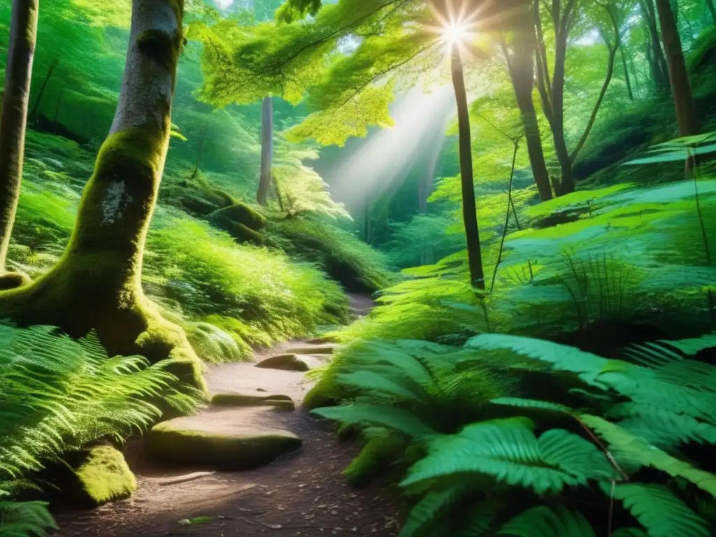 Senderismo ecológico: Sendero sereno en un bosque exuberante, con árboles altos, luz solar filtrada y belleza natural