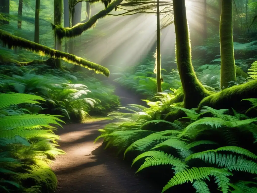 Campismo sostenible en la naturaleza: Sendero boscoso iluminado por la luz filtrada, con árboles altos, musgo vibrante y un ambiente tranquilo