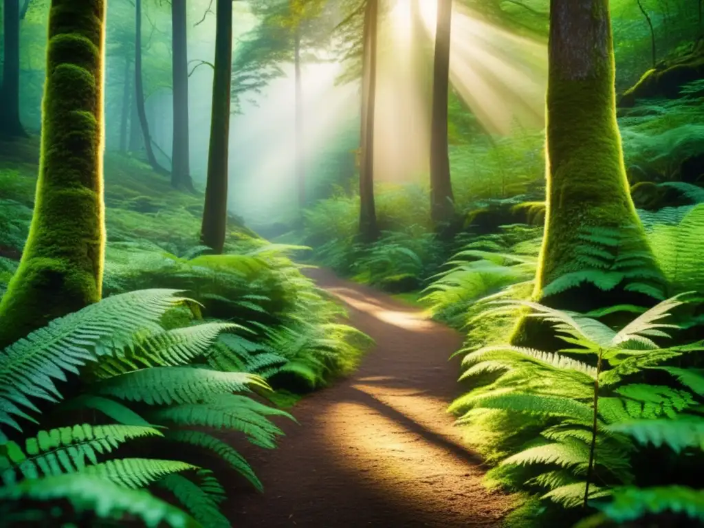 Un sendero forestal sereno rodeado de árboles altos y frondosos, con rayos de luz dorada filtrándose entre las hojas