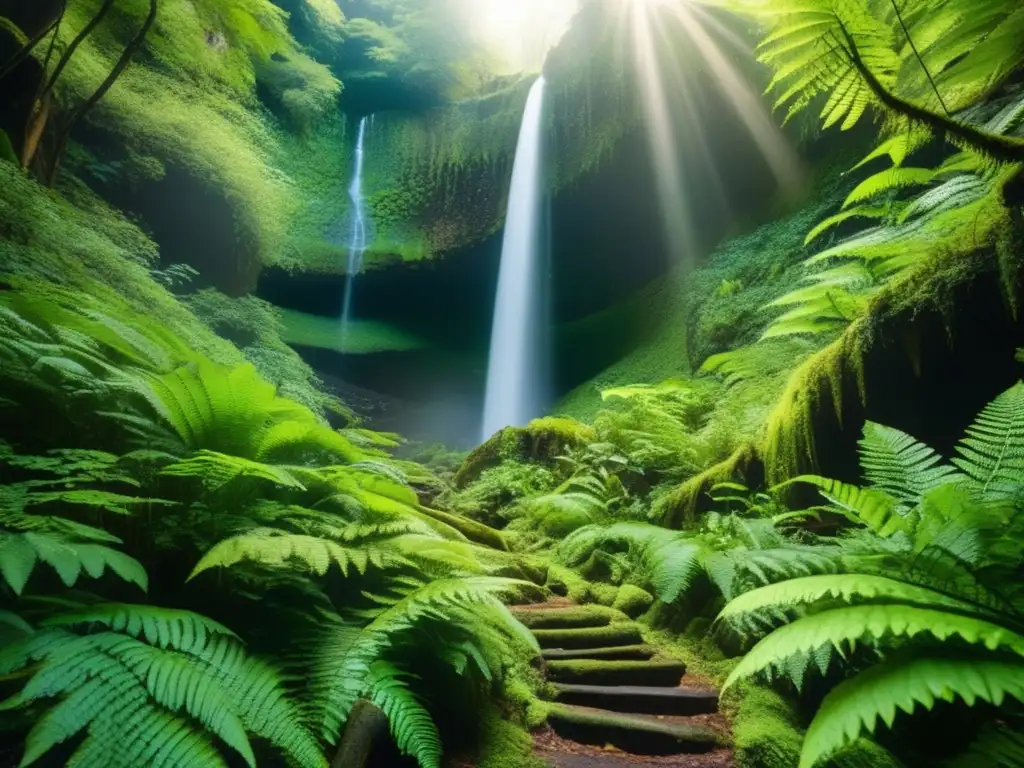 Senderismo en Cascada de Luz, un bosque exuberante con un sendero estrecho, árboles imponentes y una cascada impresionante