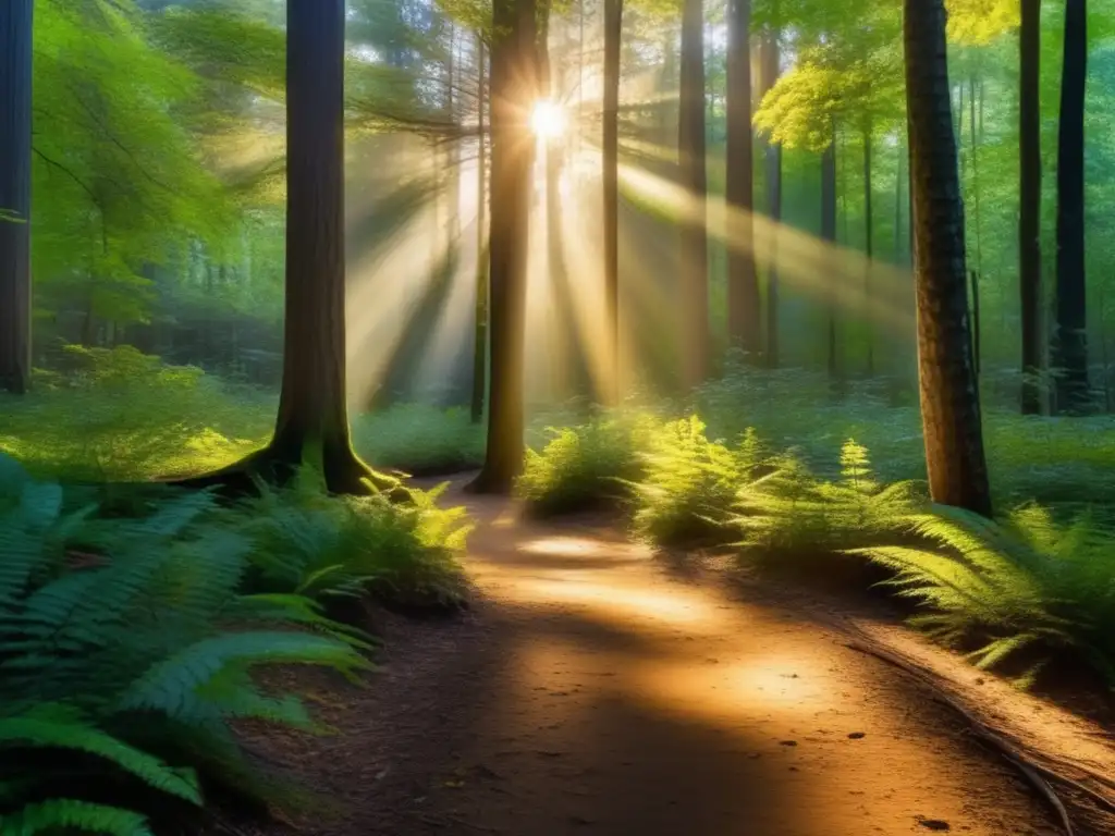 Un sendero en el bosque denso, bañado por la luz dorada del atardecer