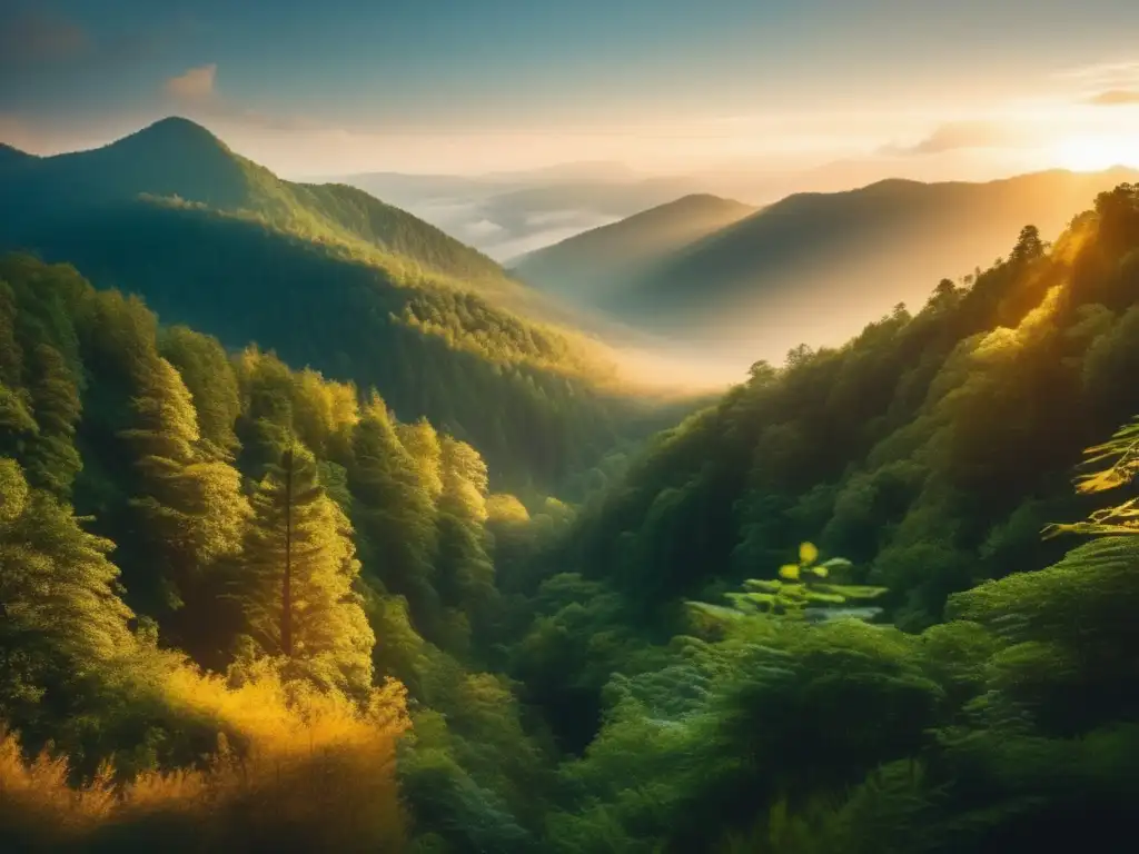 Paisaje impresionante de bosque denso durante la hora dorada, sendero que se adentra en la naturaleza misteriosa y montañas majestuosas